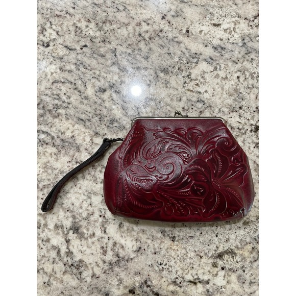 Patricia Nash Handbags - Patricia Nash Burgundy Tooled Leather Kiss Lock Wristlet Clutch Bag Floral
